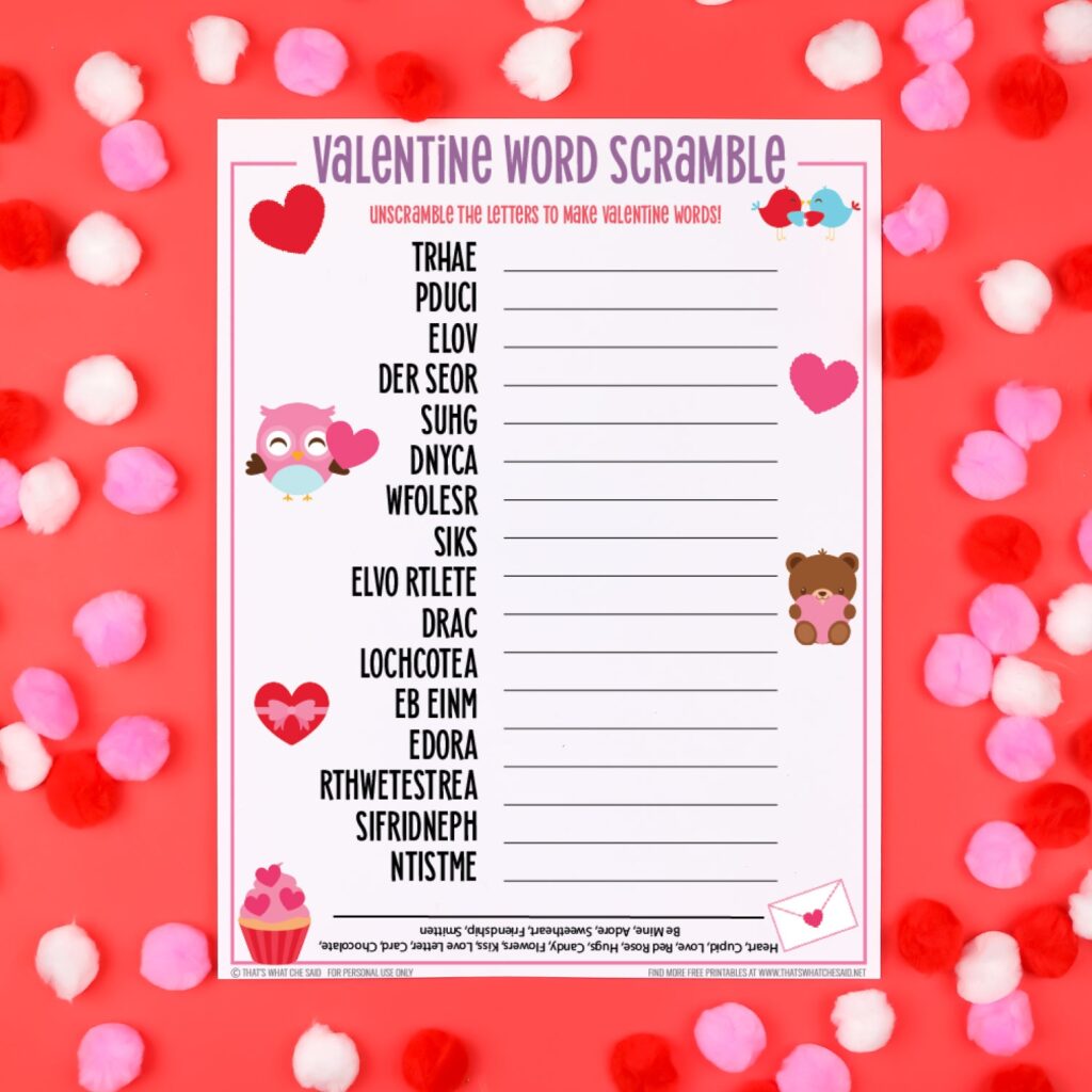 Valentine's Day Word Scramble Answers