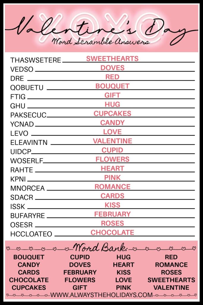 Valentine s Day Word Scramble With Answers Valentine s Printable