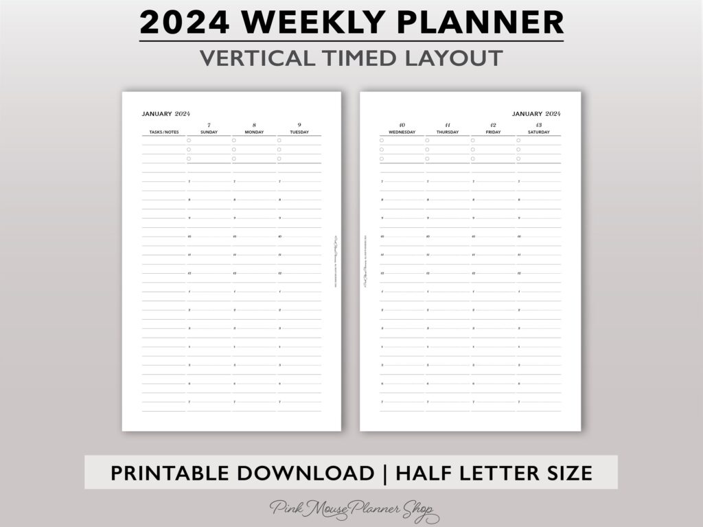 2024 Vertical Weekly Planner Printable Half Size Timed Weekly Planner Insert Week On 2 Page Planner Template Hourly Weekly Schedule PDF Etsy