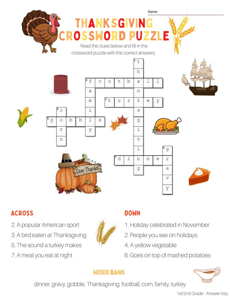 2nd Grade Thanksgiving Crossword Puzzle With Word Bank And Answer Key Printable Etsy