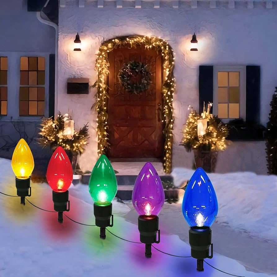 Amazon Outdoor Christmas Decorations Jumbo Xmas String Lights Or Pathway Marker Lights Large Multicolored Bulbs Waterproof Lawn Decoration Clearance For Holiday Home Tree Roof Yard Garden Outside Decor Patio 