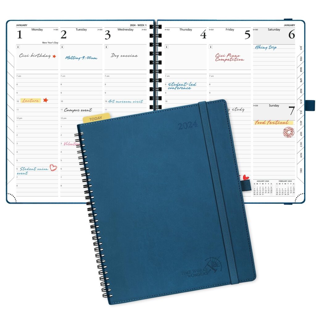 Amazon POPRUN 2024 Weekly Planner Spiral Bound Hourly Schedule Vertical Weekly Layout 2024 Planner For Time Management 8 5 X 10 5 Monthly Tabs Pen Holder Leather Soft Cover Navy Blue Office Products