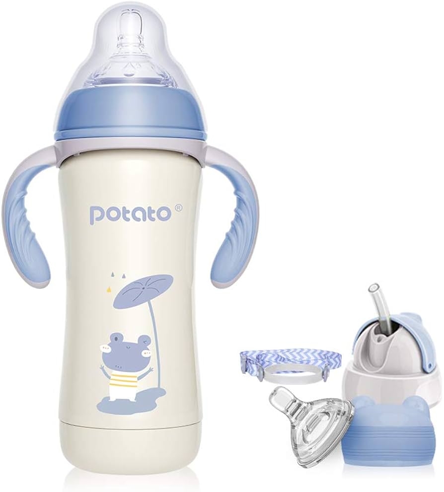 Amazon POTATO Baby Thermos Cup Water Bottle For Kids Stainless Steel Sippy Cup With 3 Kinds Of Lids Keeps Cold For 8 Hours 8 Oz Blue Baby