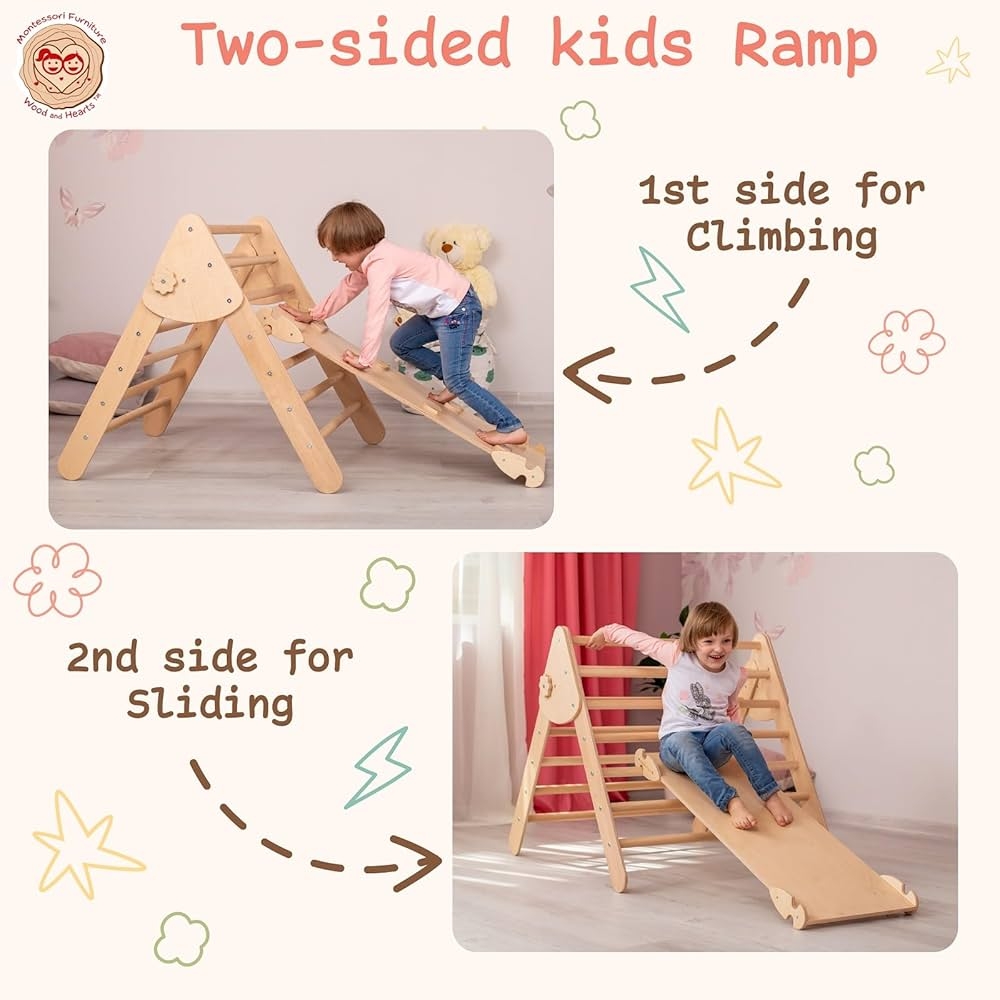 Amazon WoodandHearts Triangle Set Of Three Items Wooden Toys Climbing Triangle Montessori Climbing Toys For Toddlers Triangle With Ramp Activity Gym Baby Climbing Triangle Set Large Toys Games