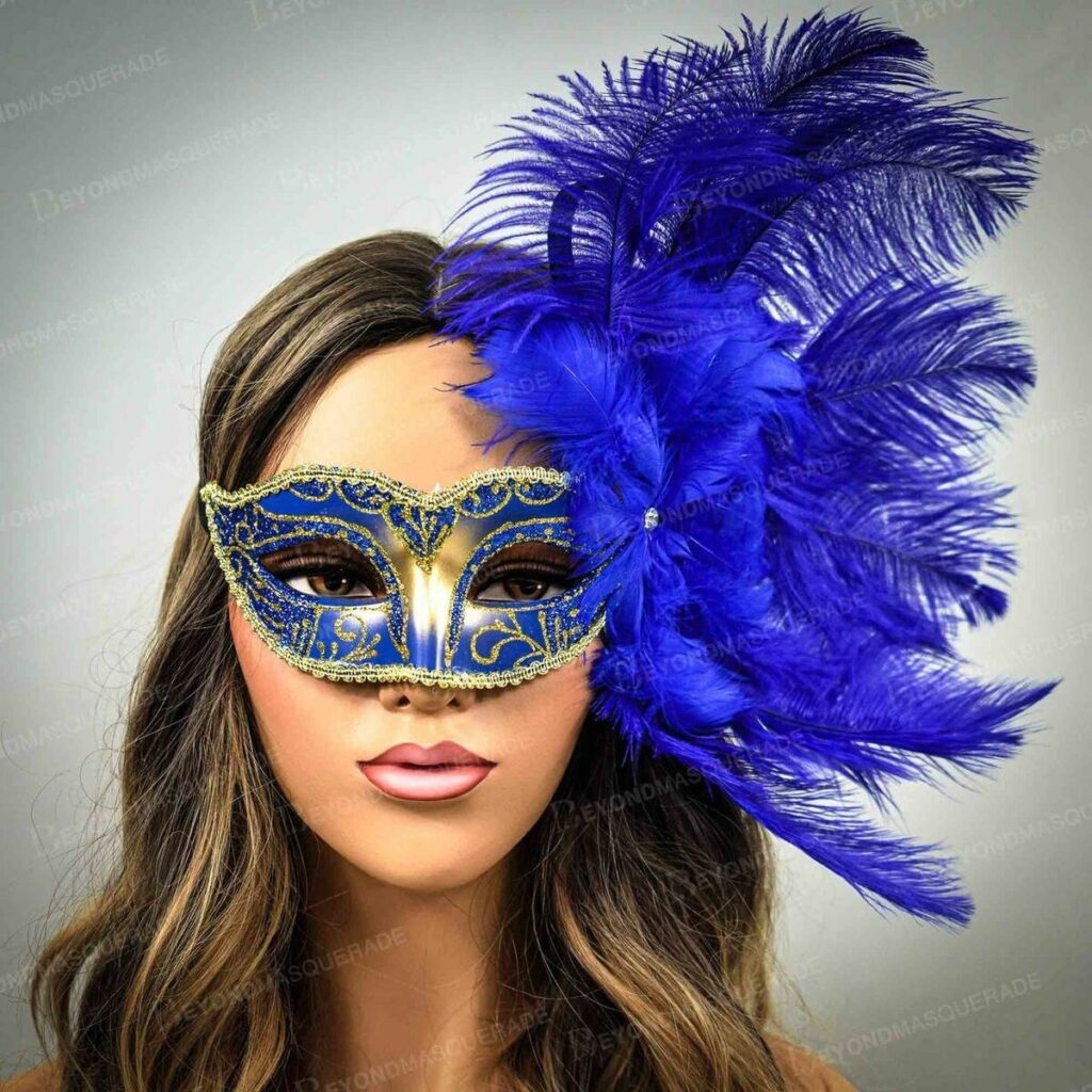 Blue Masquerade Masks Feathers Masquerade Mardi Gras Party Mask Blue Gold EBay