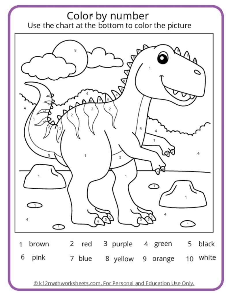 Dinosaur Color By Number Pages K12 Math Worksheets