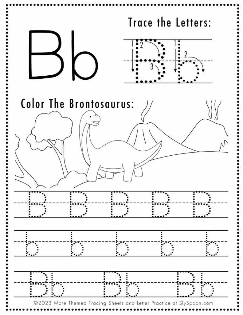 Free Letter B Tracing Worksheets Dinosaur Themed Printable Sly SpoonSly Spoon