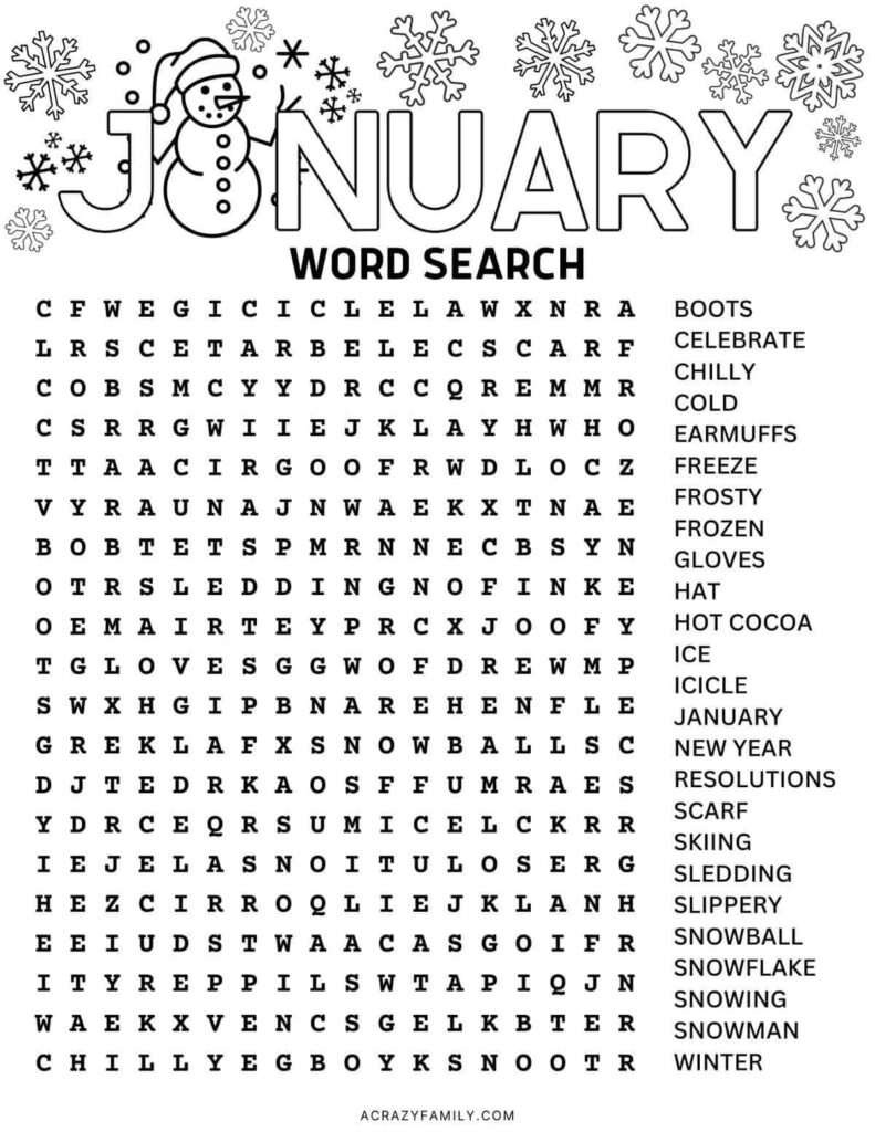 Free Printable January Word Search