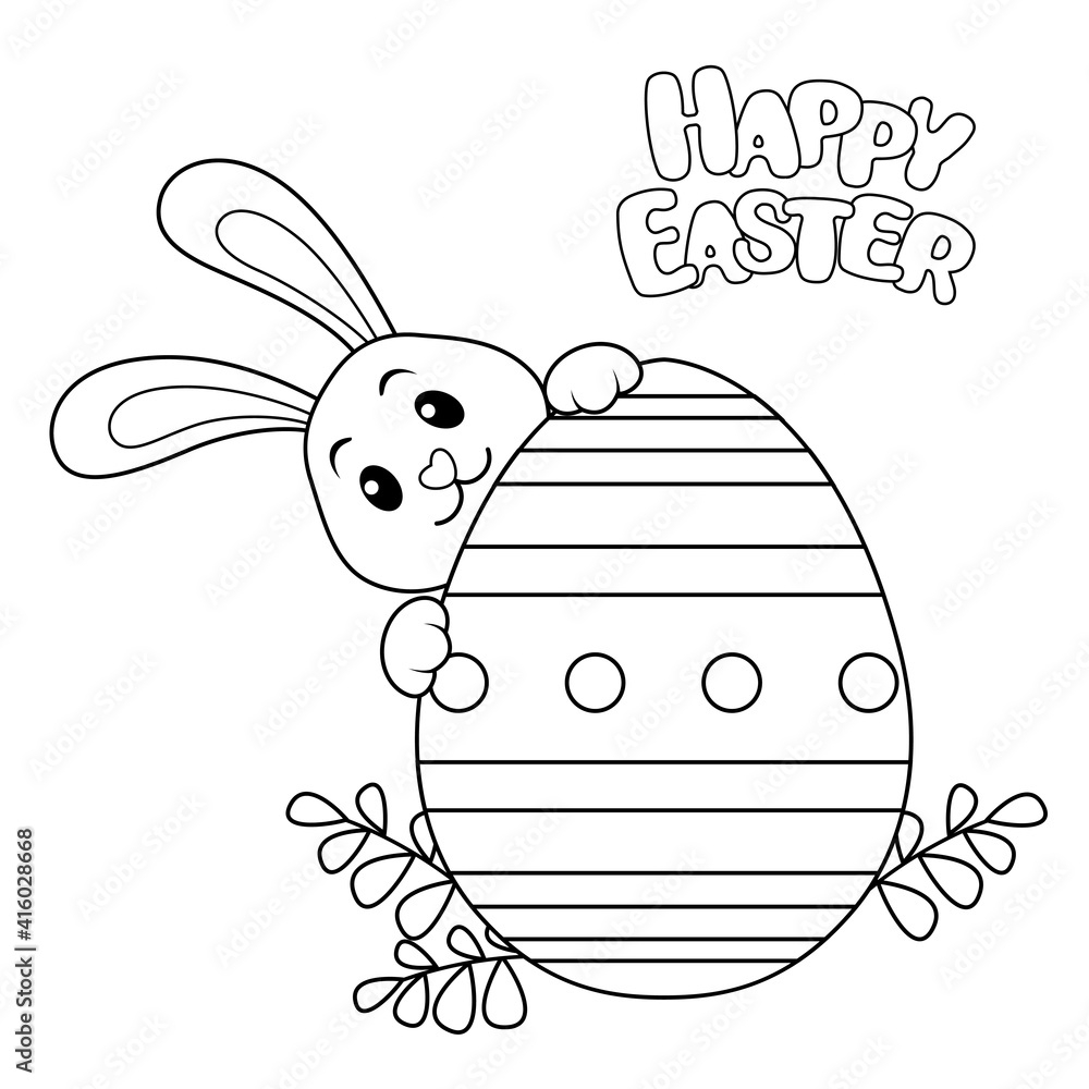 Happy Easter Cute Little Bunny With Easter Egg Black And White Vector Illustration Isolated Stock Vector Adobe Stock