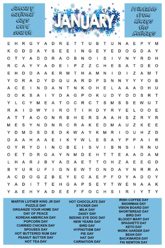 January Word Search Printable National Day Word Find Puzzle