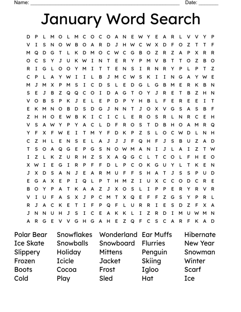 January Word Search Free Printable