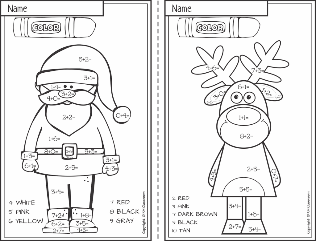 KM Classroom FREE Christmas Color By Number Addition Within 10