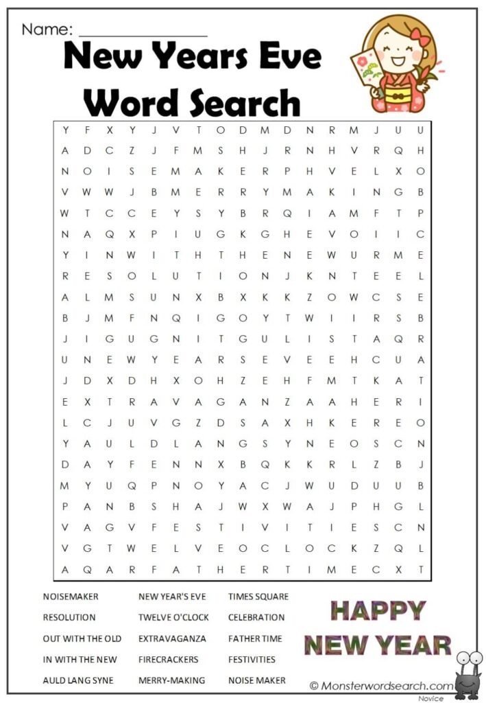 New Years Eve Word Search Monster Word Search