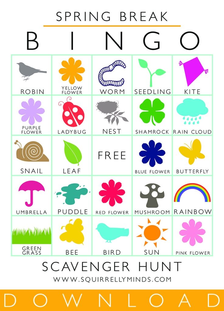 Printable Spring Break Bingo Scavenger Hunt Sheet Squirrelly Minds