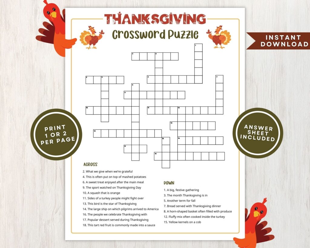 Thanksgiving Crossword Puzzle Answer Key