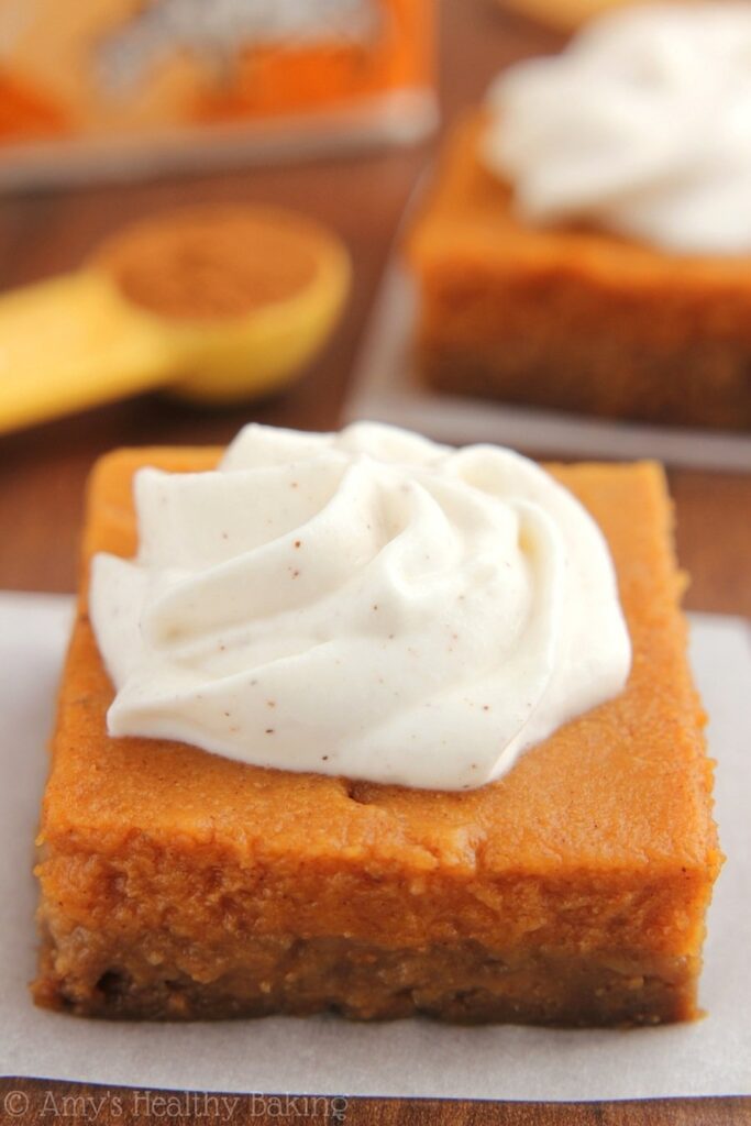 Pumpkin Pie Bars With Greek Yogurt Whipped Cream Amy s Healthy Baking