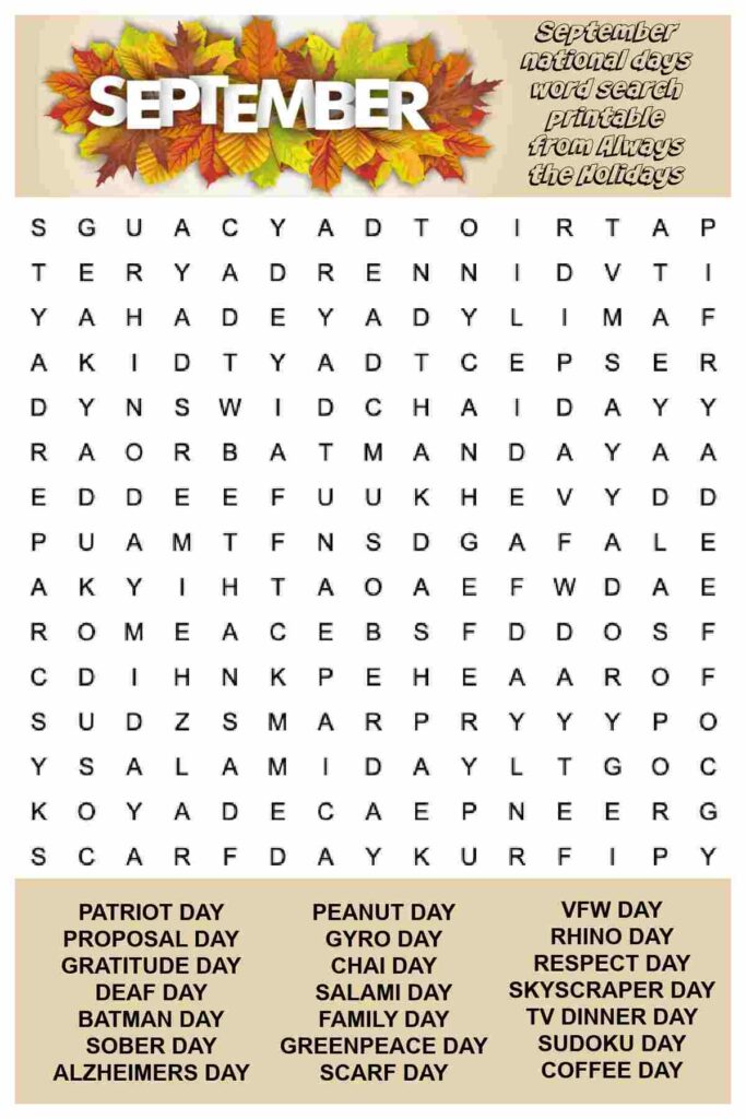 September Word Search Printable Free National Days Word Find