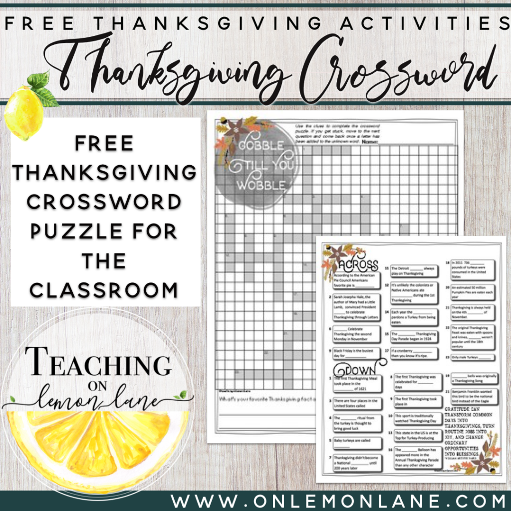 Thanksgiving Activities Thanksgiving Crossword Puzzle Coloring Page FREE