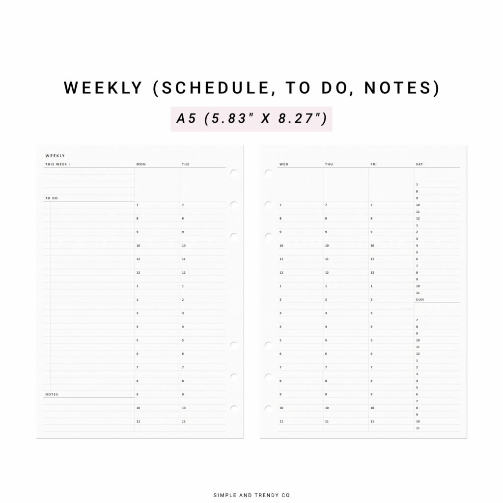 Vertical Weekly Planner A5 Planner Inserts Undated Weekly Agenda Planner Weekly Daily Planner Template Weekly Schedule Template Etsy