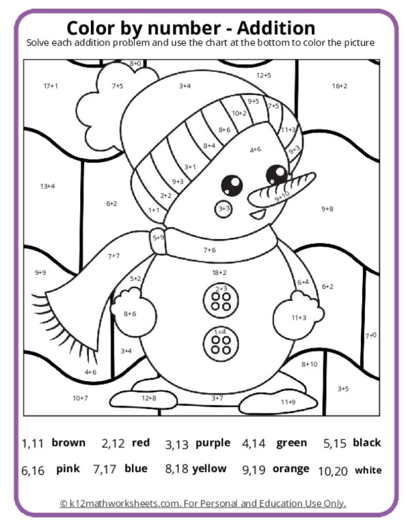 Winter Color By Number Pages K12 Math Worksheets