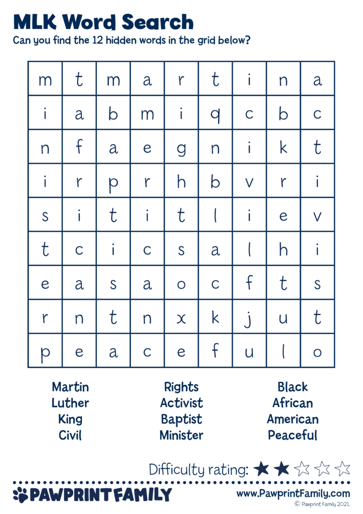 Word Searches Martin Luther King Jr Pawprint Family